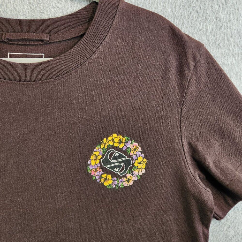 Quiksilver T Shirt Womens L Brown Skull Flowers Standard Crop Fit Tee Top - Picture 3 of 12